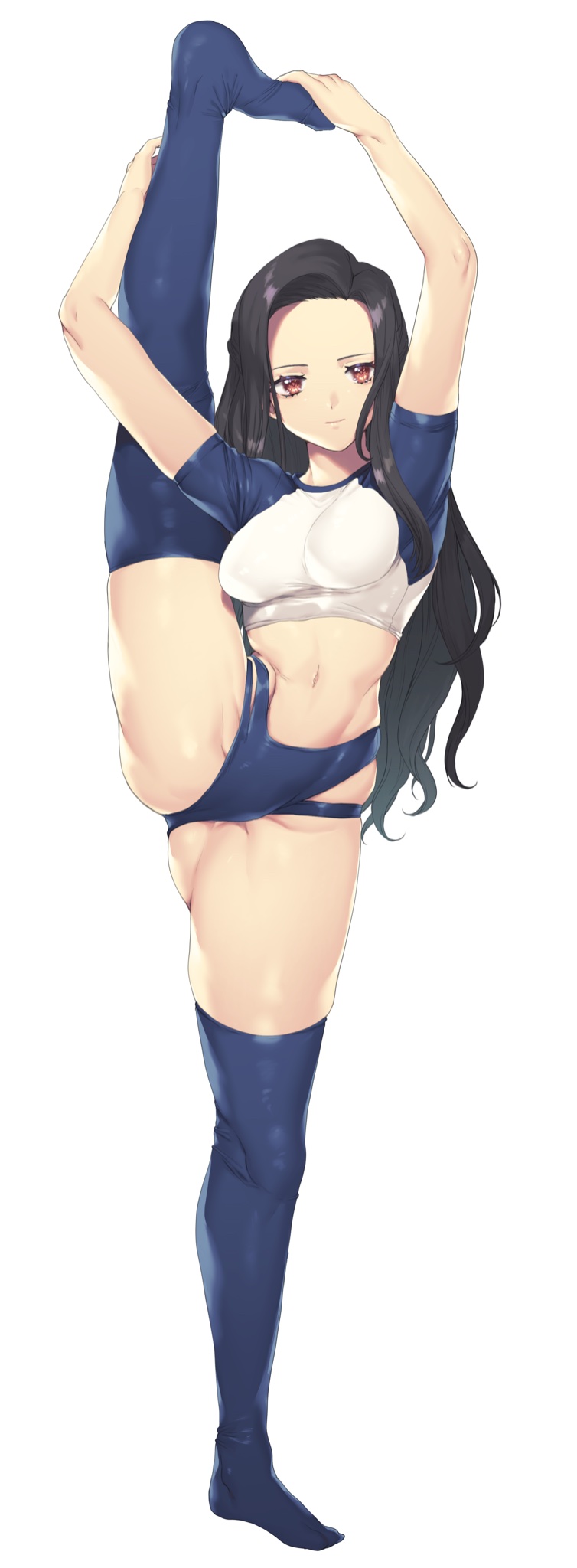 1girl arms_up black_hair breasts brown_eyes character_request closed_mouth full_body highres leg_lift long_hair looking_at_viewer mahouka_koukou_no_rettousei murata_tefu navel saegusa_mayumi simple_background solo standing standing_on_one_leg thigh-highs white_background