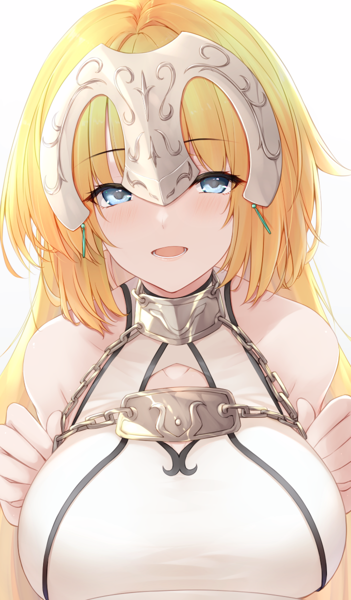 1girl armor armored_dress bangs blonde_hair blue_eyes blush breasts chain collar dress fate/apocrypha fate/grand_order fate_(series) headpiece highres jeanne_d'arc_(fate) jeanne_d'arc_(ruler)_(fate) jeanne_d'arc_(third_ascension)_(fate) large_breasts long_hair looking_at_viewer metal_collar open_mouth smile solo tohoho_(hoshinoyami) very_long_hair white_dress