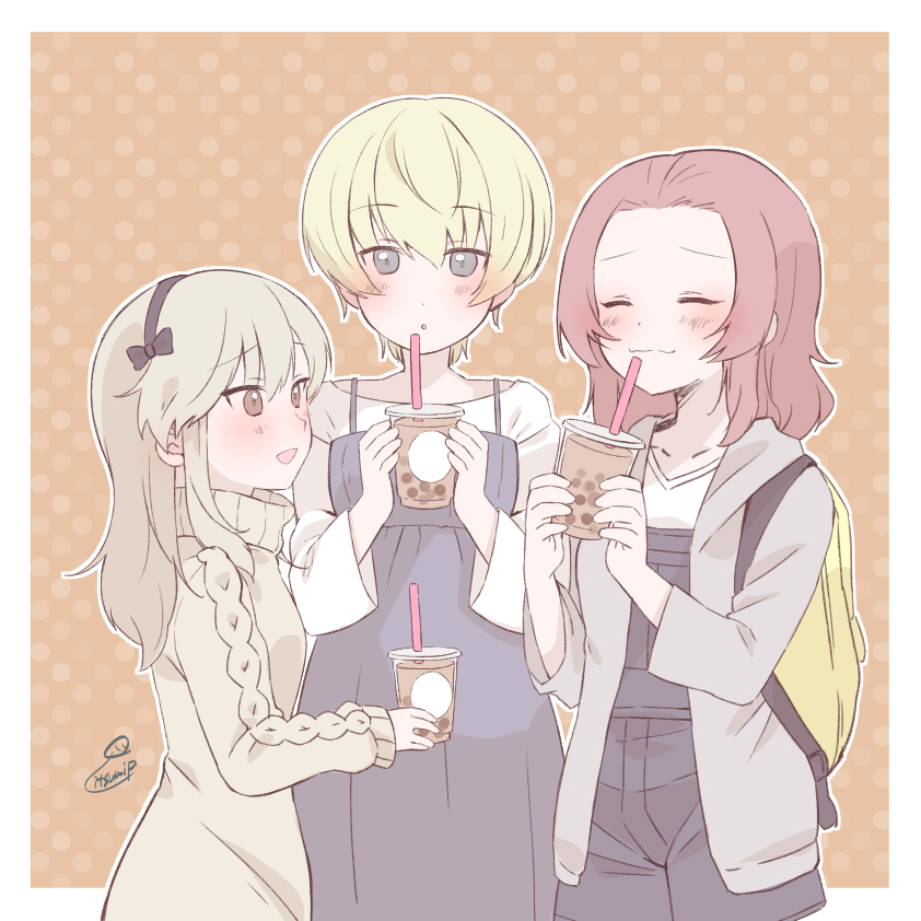 3girls artist_name backpack bag black_ribbon blonde_hair blue_dress blue_eyes blue_overalls border brown_eyes bubble_tea casual closed_eyes closed_mouth commentary cup disposable_cup dress drinking_straw eyebrows_visible_through_hair girls_und_panzer grey_dress grey_hoodie hair_ribbon holding holding_cup hood hood_down hoodie itsumip light_brown_hair long_sleeves looking_at_another multiple_girls open_clothes open_hoodie open_mouth orange_background outline outside_border overall_shorts overalls parted_lips polka_dot polka_dot_background redhead ribbon rosehip_(girls_und_panzer) shimada_arisu shirt signature smile standing sweater sweater_dress turtleneck_dress white_border white_outline white_shirt youko_(girls_und_panzer)