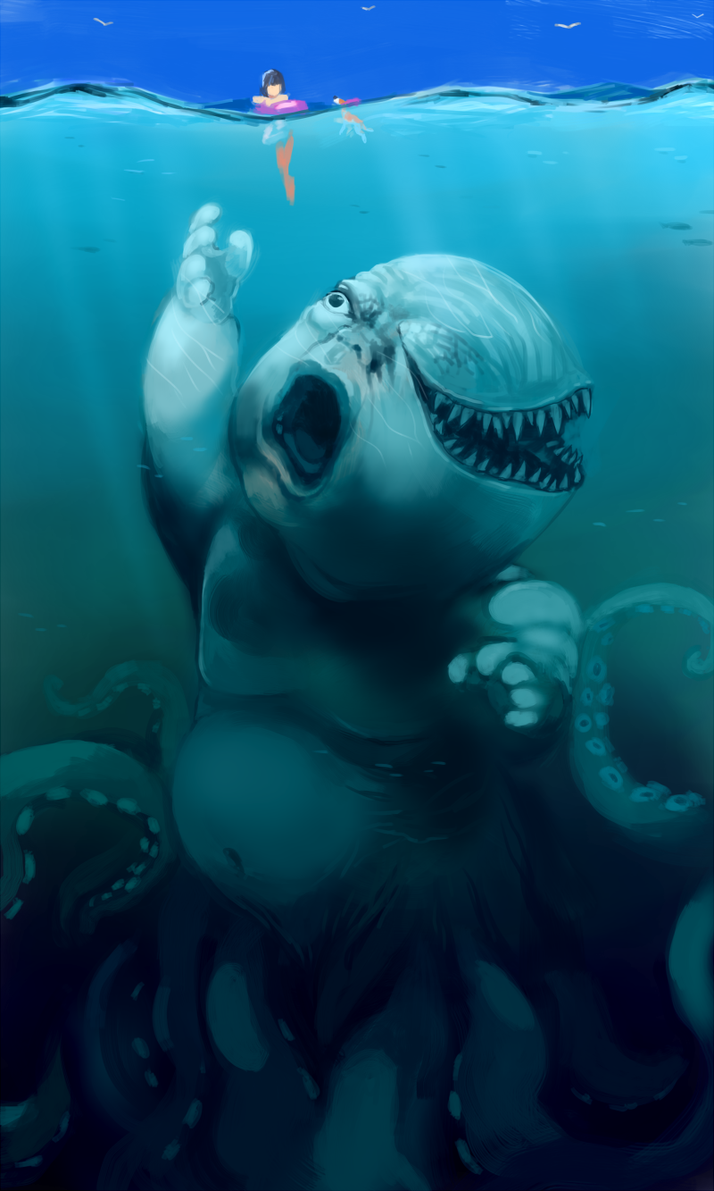 1girl afloat blue_sky blue_theme day extra_mouth highres horror_(theme) okbnkn original outdoors outstretched_arm sky tentacles underwater
