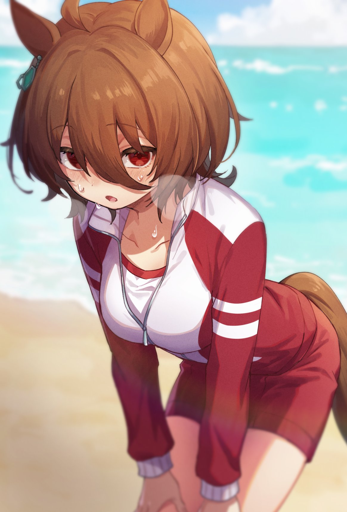 1girl agnes_tachyon_(umamusume) ahoge animal_ears beach blurry blurry_foreground breasts breath brown_hair clouds collared_shirt day earrings feet_out_of_frame gym_uniform hair_between_eyes hands_on_own_thighs heavy_breathing high_collar highres horizon horse_ears horse_girl horse_tail jacket jewelry leaning_forward long_sleeves looking_at_viewer medium_hair nu_tarou_(tr84635391) ocean outdoors red_eyes red_jacket red_shorts sand shirt shorts single_earring small_breasts solo sweat tail track_jacket umamusume water white_shirt