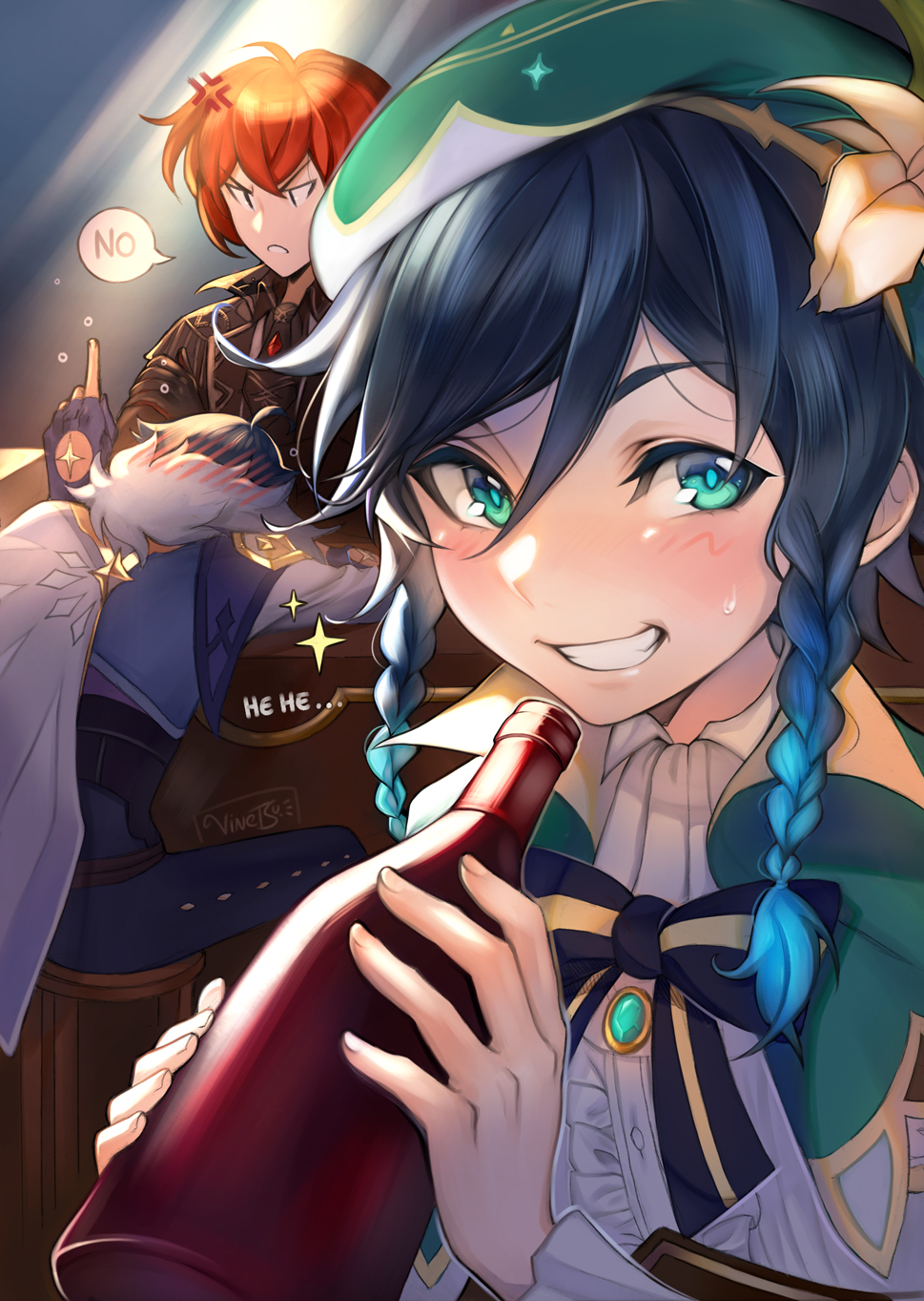 2boys 3boys alcohol anger_vein black_jacket blue_hair blush bottle bow bowtie braid capelet diluc_(genshin_impact) drunk english_text fingerless_gloves fur_trim genshin_impact gloves green_eyes green_headwear hat highres index_finger_raised jacket kaeya_(genshin_impact) long_sleeves looking_at_viewer multiple_boys pants redhead sitting smile sparkle speech_bubble sweatdrop teeth twin_braids venti_(genshin_impact) vinetsu_(belivinetsu) wine_bottle