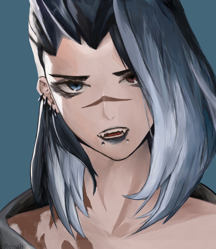 1girl black_hair black_lips blue_background blue_eyes brown_eyes collarbone earrings english_commentary fade_(valorant) fangs grey_hair hair_behind_ear head_tilt heterochromia jewelry lip_piercing looking_at_viewer open_mouth piercing portrait renah solo valorant