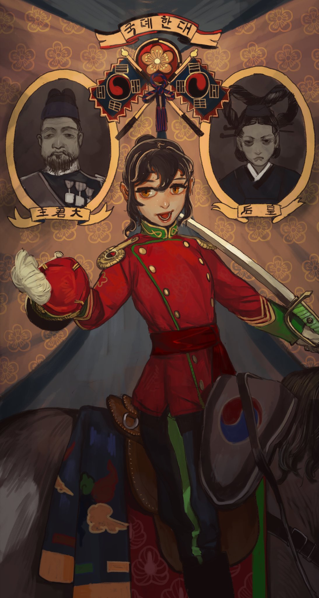 1girl :d buttons coat double-breasted epaulettes gloves hand_up highres holding holding_sword holding_weapon horseback_riding korean_clothes long_sleeves mossacannibalis open_mouth orange_eyes original portrait_(object) red_coat red_sash riding saddle sash smile solo sword weapon white_gloves