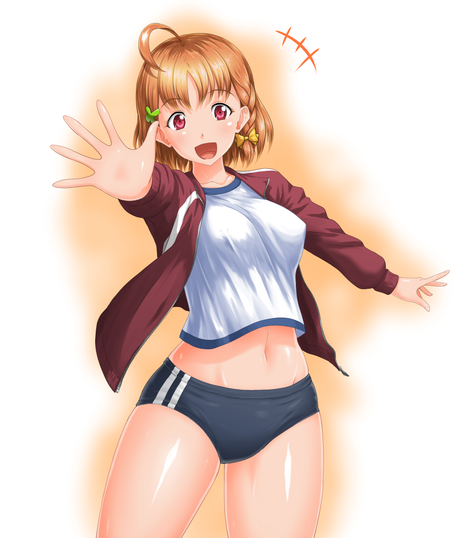1girl :d ahoge belly bow braid breasts buruma cocoa_(cocoa0191) commentary covered_nipples cowboy_shot eyebrows_visible_through_hair foreshortening gym_shirt gym_uniform hair_bow jacket looking_at_viewer love_live! love_live!_sunshine!! medium_breasts navel open_clothes open_hand open_jacket orange_background orange_hair outstretched_hand palms red_eyes red_jacket shirt short_hair side_braid smile solo takami_chika track_jacket white_shirt yellow_bow
