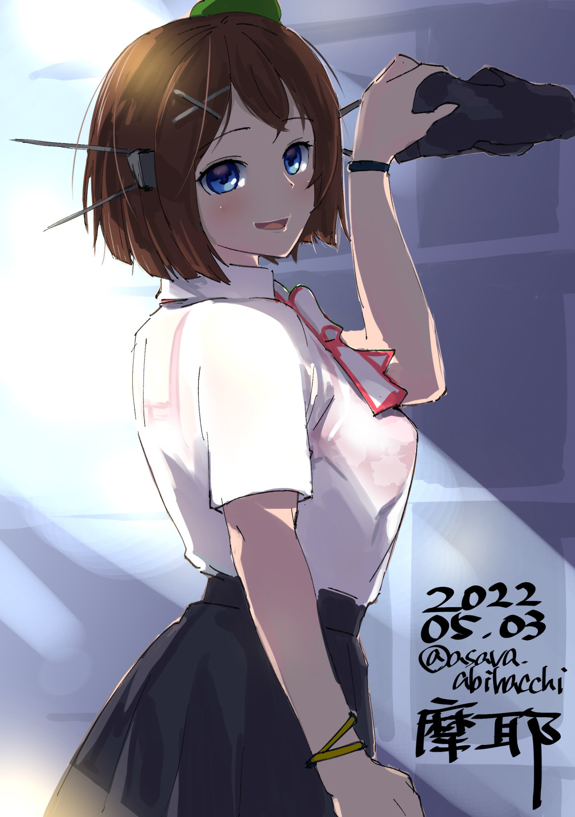 1girl alternate_costume asava_(hutaitenn) ascot black_skirt blue_eyes brown_hair character_name cowboy_shot dated hair_ornament hairclip headgear highres holding holding_shoes kantai_collection maya_(kancolle) one-hour_drawing_challenge pleated_skirt school_uniform shirt shoes shoes_removed short_hair skirt solo twitter_username white_ascot white_shirt x_hair_ornament