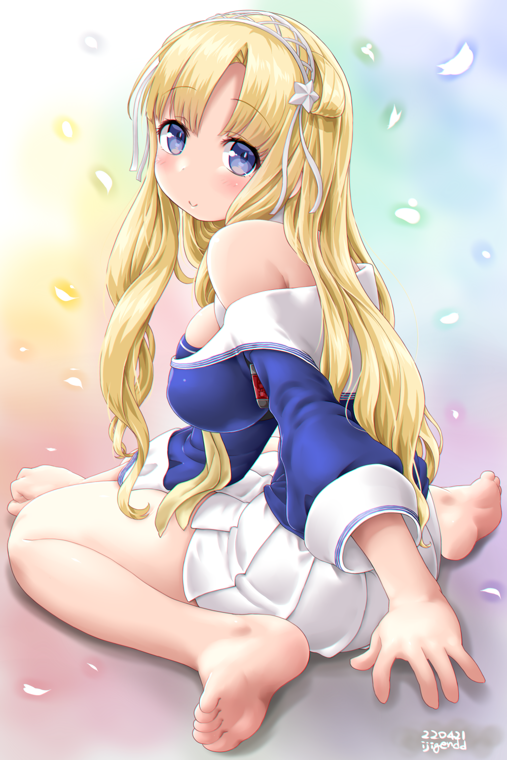 1girl barefoot blonde_hair blue_eyes blue_shirt blush breasts closed_mouth dated dd_(ijigendd) eyebrows_visible_through_hair feet fletcher_(kancolle) highres kantai_collection large_breasts long_hair long_sleeves pleated_skirt sailor_collar sailor_shirt shirt side_bun sitting skirt smile solo twitter_username wariza white_sailor_collar white_skirt