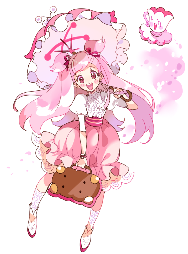 1girl :d bag bangs blush_stickers boots bracelet calf_socks cherry_blossom_cookie cookie_run cup food-themed_bag frills high-waist_skirt holding holding_bag holding_umbrella humanization inzup jewelry juliet_sleeves leaning_to_the_side long_hair long_sleeves looking_at_viewer open_mouth parasol petals petticoat pink_eyes pink_hair puffy_sleeves shirt_tucked_in short_twintails skirt smile solo teacup twintails umbrella very_long_hair