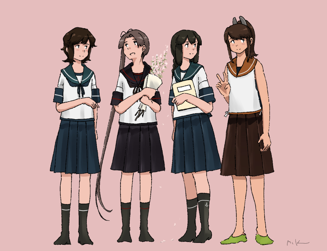 4girls anchor_symbol ayanami_(kancolle) ayanami_kai_ni_(kancolle) black_hair black_legwear black_sailor_collar black_skirt blue_sailor_collar blue_skirt braid braided_ponytail brown_hair brown_skirt flower green_footwear hair_ornament hair_ribbon hairclip holding holding_flower i-401_(kancolle) isonami_(kancolle) kantai_collection kuragare long_hair medium_hair miyuki_(kancolle) multiple_girls orange_sailor_collar pleated_skirt ponytail purple_background ribbon sailor_collar school_uniform serafuku shirt short_sleeves side_ponytail sidelocks skirt sleeveless sleeveless_shirt very_long_hair victory_pose