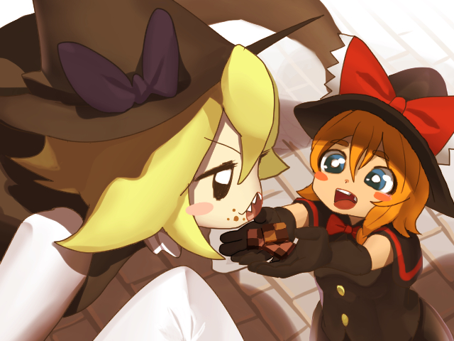 2girls bangs black_capelet black_eyes black_gloves black_vest blonde_hair blue_eyes blush blush_stickers bow bowtie bright_pupils buttons capelet checkerboard_cookie commentary cookie cookie_(touhou) cowboy_shot elbow_gloves eyebrows_visible_through_hair feeding food gloves hair_between_eyes hat hat_bow holding holding_food kirisame_marisa koiso_usu looking_at_another meguru_(cookie) multiple_girls open_mouth orange_hair purple_bow red_bow red_bowtie short_hair sleeves_past_fingers sleeves_past_wrists smile touhou vest white_pupils witch_hat yuuhi_(cookie)