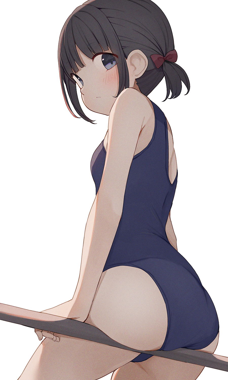 1girl ass bangs black_hair blue_eyes blue_swimsuit blunt_bangs blush bow breasts closed_mouth hair_bow highres hiroki_(yyqw7151) looking_at_viewer one-piece_swimsuit original red_bow short_hair simple_background sitting small_breasts solo swimsuit white_background