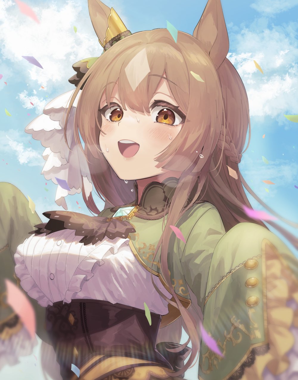 1girl animal_ears bangs blurry breasts brown_hair clouds confetti corset day depth_of_field highres horse_ears large_breasts lens_flare long_hair multicolored_hair nu_tarou_(tr84635391) open_mouth outdoors satono_diamond_(umamusume) shirt shrug_(clothing) sleeves_past_wrists smile solo sweat teeth tongue tongue_out two-tone_hair umamusume upper_body upper_teeth white_shirt yellow_eyes