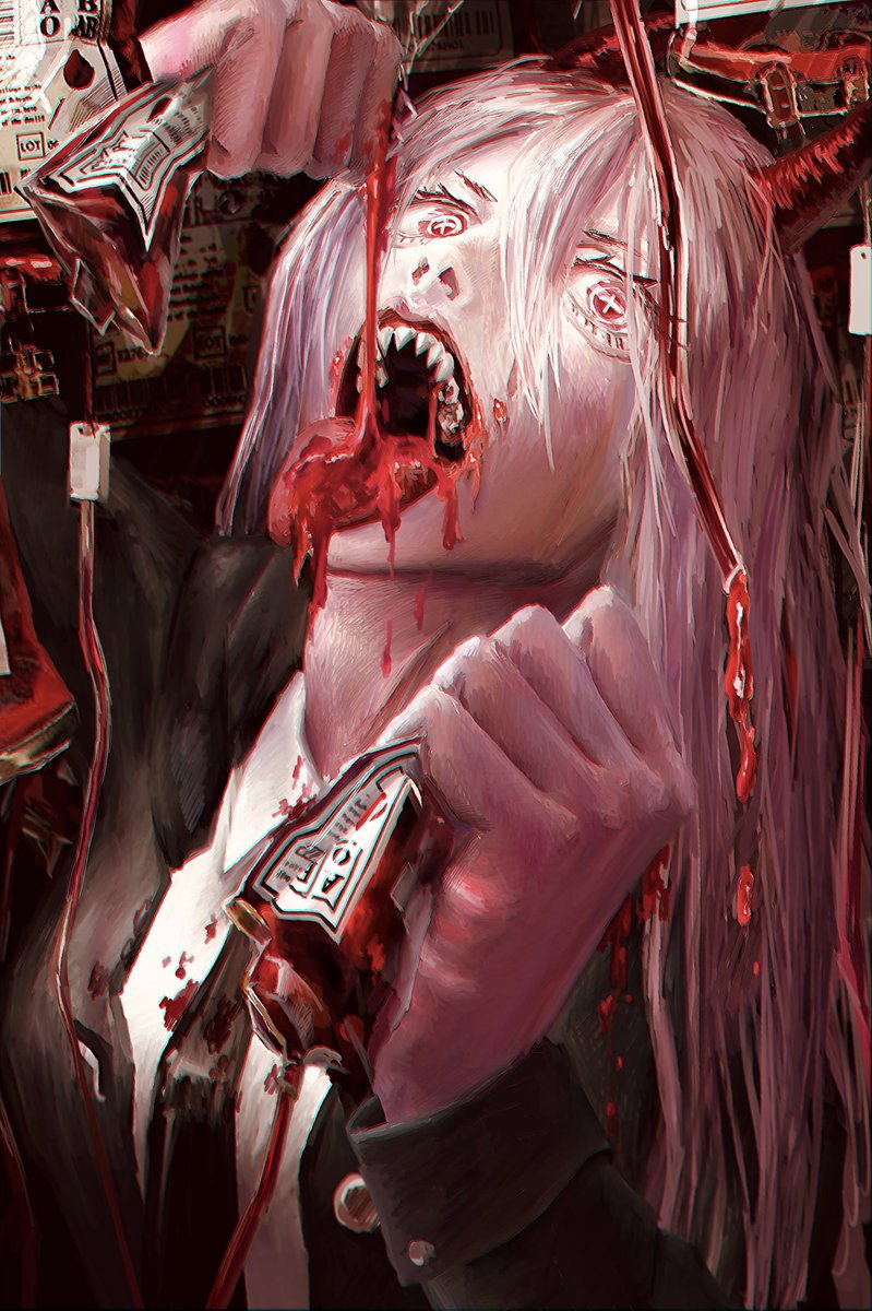 +_+ 1girl black_coat black_necktie blonde_hair blood blood_bag blood_in_hair blood_on_clothes blood_on_face blood_on_hands chainsaw_man coat collared_shirt demon_girl demon_horns drinking_blood hair_between_eyes highres holding horns jacket necktie nnya open_mouth power_(chainsaw_man) red_horns sharp_teeth shirt squishing teeth tongue tongue_out white_shirt