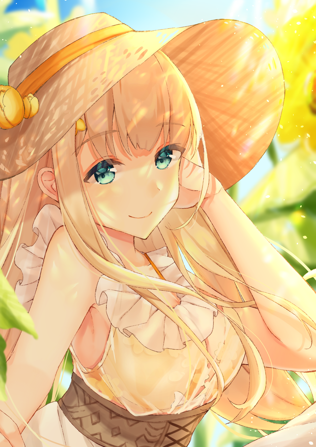 1girl bangs blonde_hair blue_sky closed_mouth dress flower green_eyes hat highres kasumillust long_hair looking_at_viewer outdoors rapunzel_(sinoalice) sinoalice sky sleeveless sleeveless_dress smile solo straw_hat sundress sunflower yellow_dress