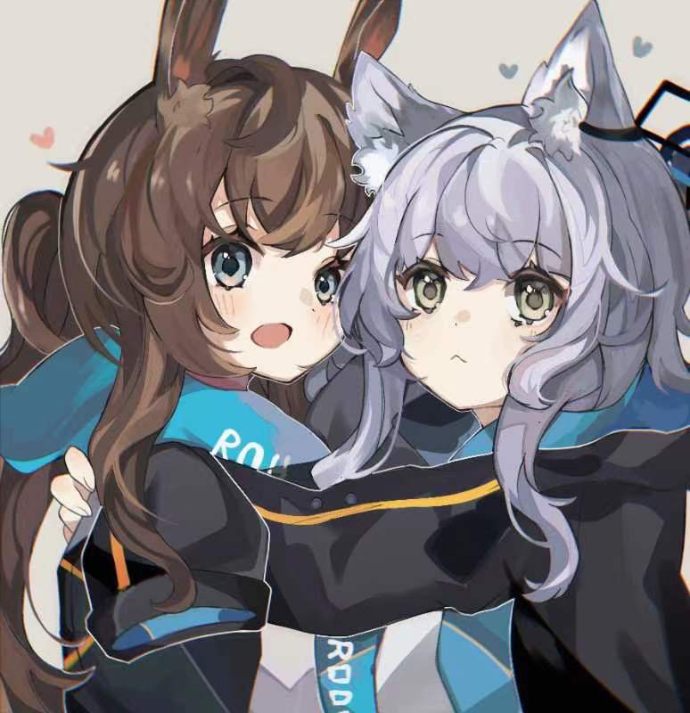 2girls :&lt; amiya_(arknights) animal_ear_fluff animal_ears arknights bangs blue_eyes blush brown_hair cat_ears cat_girl closed_mouth eyebrows_visible_through_hair green_eyes heart hood hooded_jacket jacket jacket_on_shoulders long_hair multiple_girls open_mouth ponytail rabbit_ears rabbit_girl rosmontis_(arknights) sudashui525 white_hair