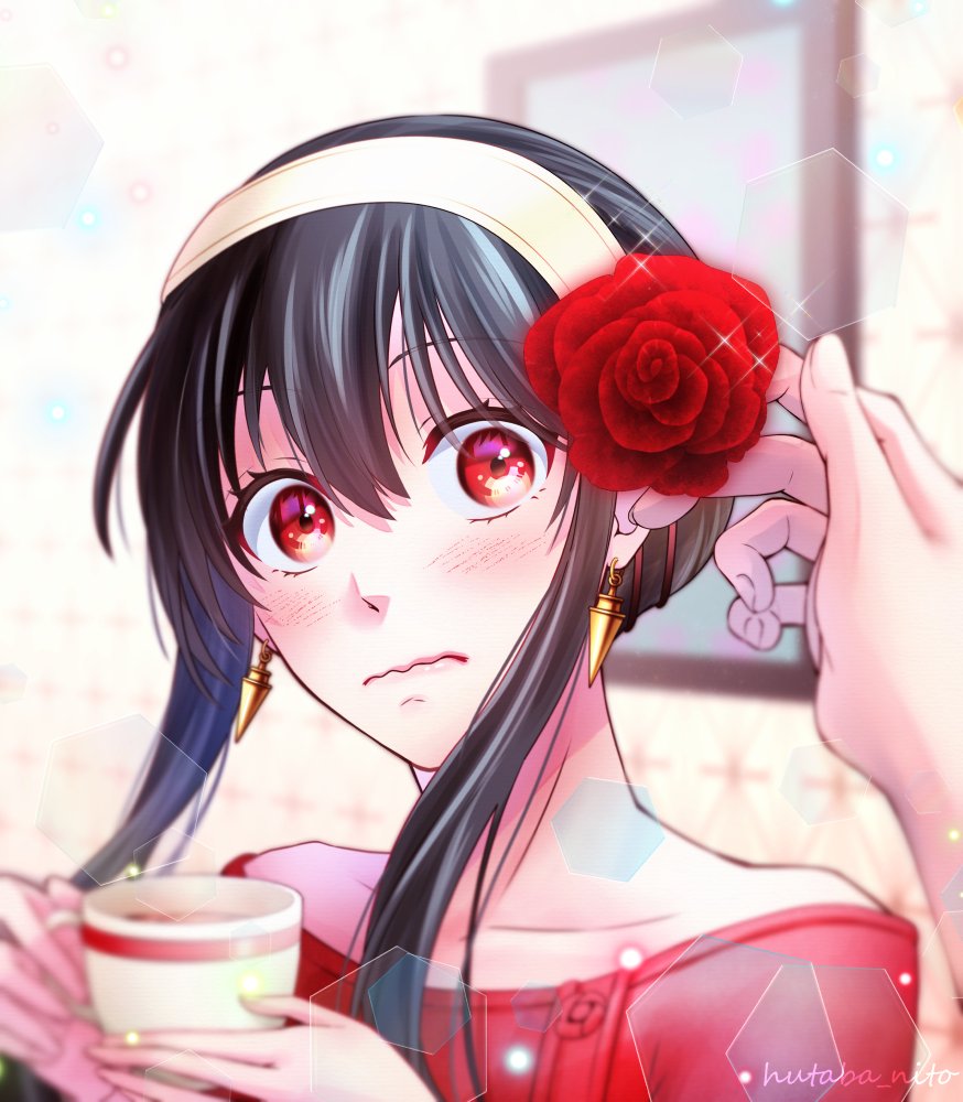 1girl artist_name black_hair blush cup earrings flower hair_flower hair_ornament hairband holding holding_cup hutaba_nito jewelry long_hair red_eyes red_flower red_rose red_sweater rose sidelocks spy_x_family sweater white_hairband yor_briar