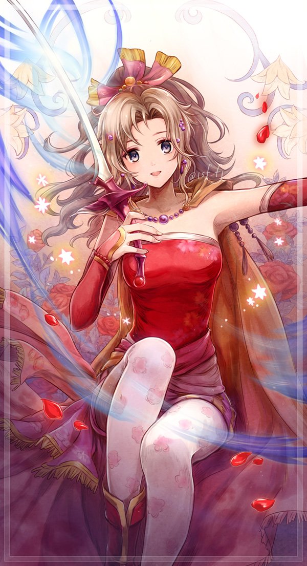1girl blonde_hair breasts cape detached_sleeves dress feet_out_of_frame final_fantasy final_fantasy_vi flower long_hair looking_at_viewer open_mouth pantyhose ponytail red_flower red_rose rose sasanomesi smile solo sword tina_branford weapon