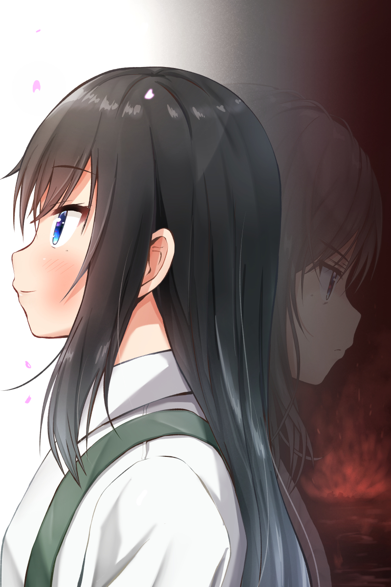 1girl asashio_(kancolle) black_hair blue_eyes blush burning comiching expressionless fire highres kantai_collection long_hair multiple_views night ocean petals profile ship smile upper_body watercraft