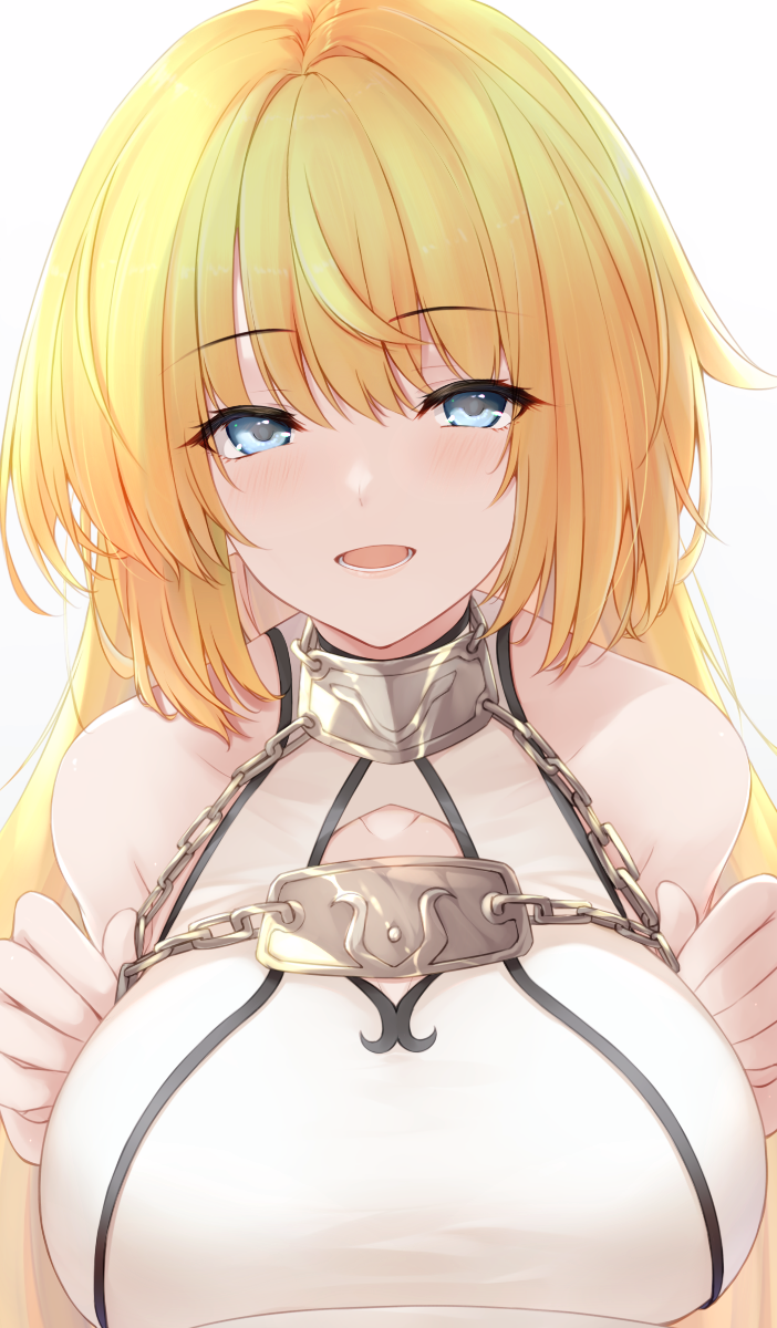 1girl armor armored_dress bangs blonde_hair blue_eyes blush breasts chain collar dress fate/apocrypha fate/grand_order fate_(series) highres jeanne_d'arc_(fate) jeanne_d'arc_(ruler)_(fate) jeanne_d'arc_(third_ascension)_(fate) large_breasts long_hair looking_at_viewer metal_collar open_mouth smile solo tohoho_(hoshinoyami) very_long_hair white_dress