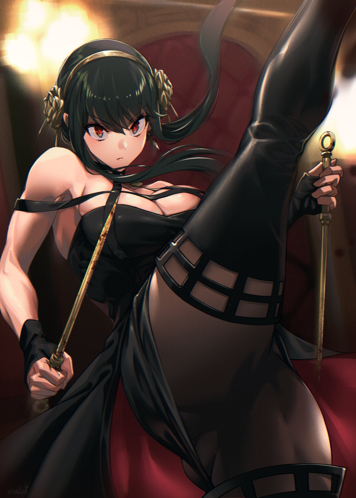 1girl bangs black_gloves black_hair blood blood_on_weapon blurry blurry_background breasts choker closed_mouth commentary_request dagger dress earrings eyelashes fingerless_gloves fingernails gloves gold_earrings gold_hairband gold_headband highres holding holding_dagger holding_weapon jewelry kicking_at_viewer knife leg_up looking_at_viewer medium_breasts mikel_(4hands) red_eyes rose_hair_ornament serious shiny shiny_hair short_hair_with_long_locks sidelocks solo spy_x_family standing standing_on_one_leg thigh-highs two-sided_dress two-sided_fabric v-shaped_eyebrows weapon yor_briar zettai_ryouiki