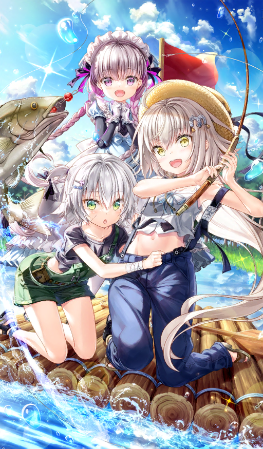 3girls bangs bell black_shirt blue_dress blue_sky blush braid breasts doll_joints dress fate/apocrypha fate/extra fate/grand_order fate_(series) fish fishing fishing_rod fujima_takuya green_eyes grey_hair hair_between_eyes hair_ornament hat jack_the_ripper_(fate/apocrypha) jeanne_d'arc_alter_santa_lily_(fate) jingle_bell joints long_hair maid_headdress multiple_girls nursery_rhyme_(fate) official_art open_mouth overalls ponytail raft river scar scar_across_eye scar_on_cheek scar_on_face shirt short_hair short_sleeves shoulder_tattoo sky sleeveless small_breasts smile straw_hat tattoo twin_braids very_long_hair violet_eyes water white_hair white_shirt yellow_eyes