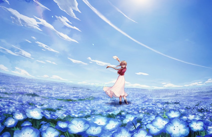 1girl aerith_gainsborough bracelet braid brown_hair clouds cropped_jacket dress final_fantasy final_fantasy_vii flower hair_ribbon jacket jewelry letter long_hair pink_dress ribbon sasanomesi solo sun