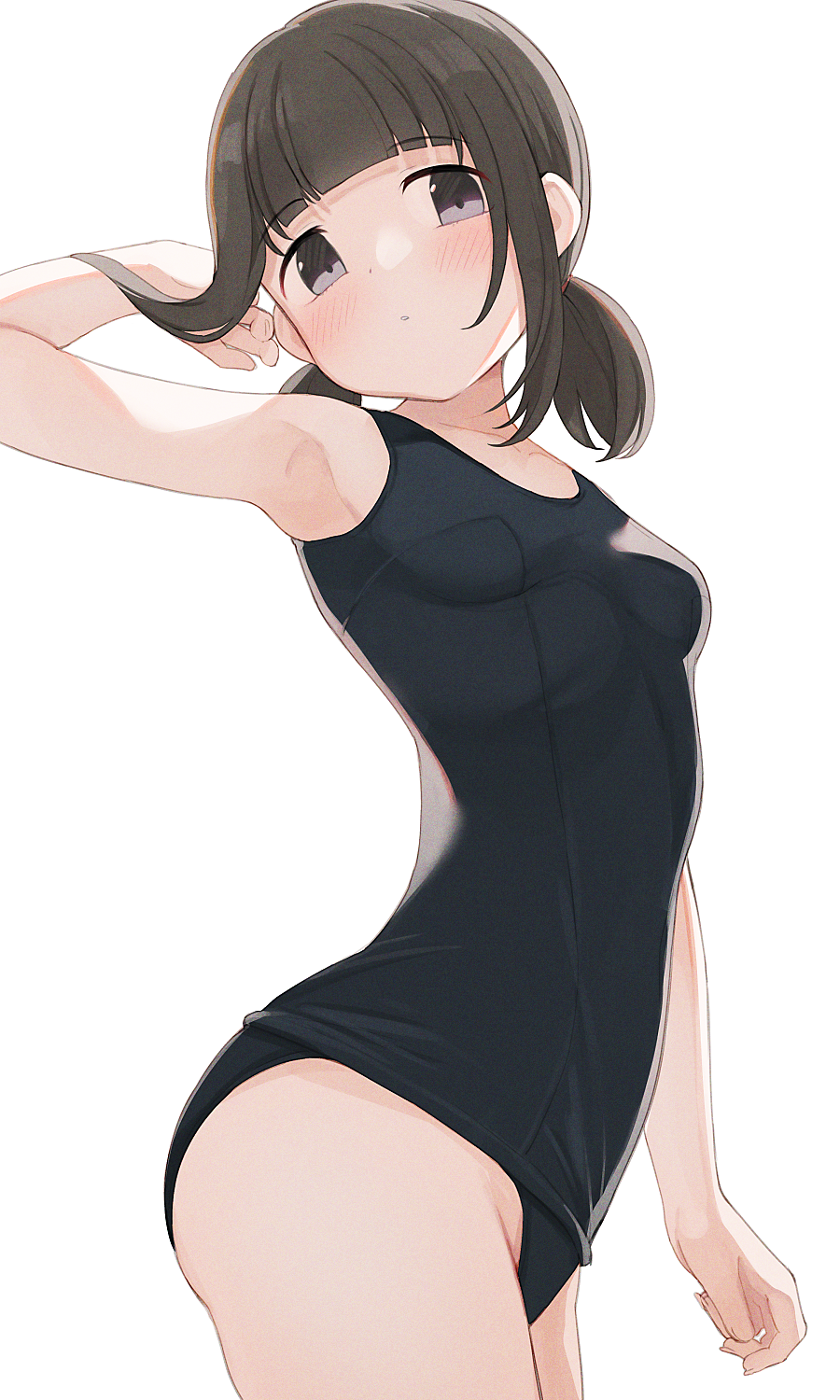 1girl armpits ass bangs black_eyes black_hair black_swimsuit blush breasts closed_mouth collarbone expressionless eyebrows_visible_through_hair hand_up highres hiroki_(yyqw7151) looking_at_viewer low_twintails medium_hair original pose school_swimsuit school_swimsuit_flap sidelocks small_breasts swimsuit thighs twintails white_background
