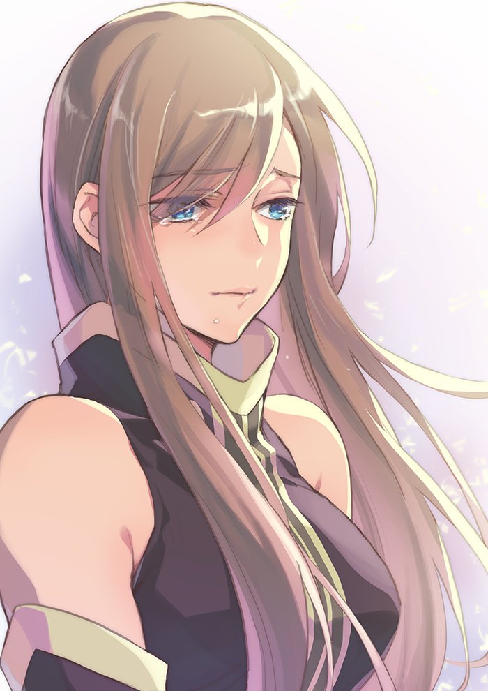 1girl bare_shoulders blue_eyes breasts brown_hair closed_mouth detached_sleeves dress eyes_visible_through_hair hair_over_one_eye high_collar isa_(peien516) large_breasts long_hair sleeveless sleeveless_dress solo tales_of_(series) tales_of_the_abyss tear_grants tears upper_body