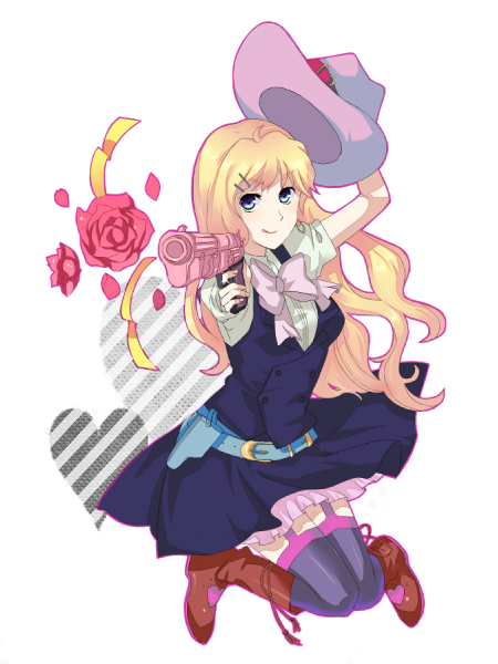 blonde_hair blue_eyes boots cowboy_hat dress earrings flower gun hat jewelry kawachi long_hair macross macross_frontier macross_frontier:_itsuwari_no_utahime macross_frontier:_the_false_diva open_mouth sheryl_nome single_earring smile thigh-highs thighhighs tongue weapon western
