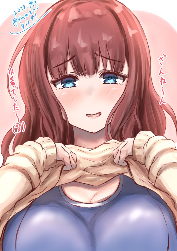 1girl assault_lily bangs blue_eyes blue_swimsuit blush breasts brown_hair brown_sweater clothes_lift commentary_request dated eyebrows_visible_through_hair hands_up heart heart-shaped_pupils kaede_johan_nouvel large_breasts lifted_by_self long_hair long_sleeves looking_at_viewer parted_lips pink_background raised_eyebrows school_swimsuit sleeves_past_wrists smirk solo sweater sweater_lift swimsuit swimsuit_under_clothes symbol-shaped_pupils tamaao_(tamaao31241) translation_request twitter_username two-tone_background upper_body white_background
