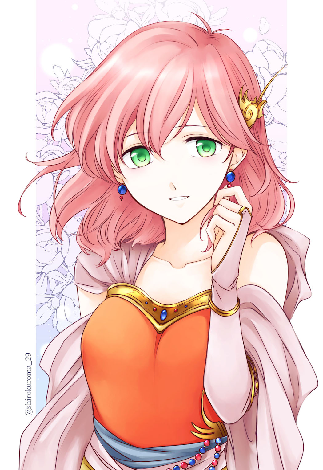 1girl breasts bridal_gauntlets dress earrings final_fantasy final_fantasy_v green_eyes hair_ornament highres jewelry lenna_charlotte_tycoon looking_at_viewer pink_hair shirokuroma_29 short_hair smile solo twitter_username