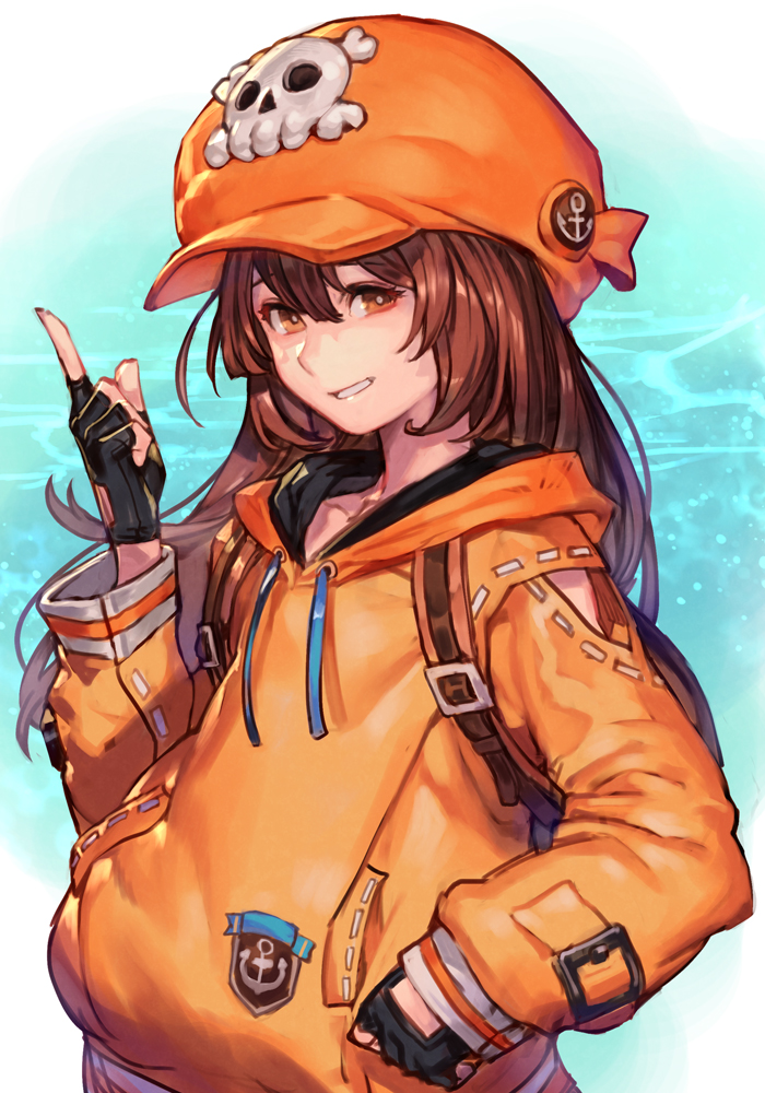 1girl anchor_symbol backpack bag black_gloves brown_hair closed_mouth fingerless_gloves gloves guilty_gear guilty_gear_strive hair_between_eyes hankuri hat hood hoodie index_finger_raised long_hair long_sleeves looking_at_viewer may_(guilty_gear) ocean orange_eyes orange_headwear orange_hoodie pointing pointing_up skull_and_crossbones smile solo