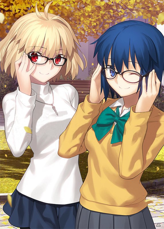 2girls adjusting_eyewear arcueid_brunestud artist_request autumn autumn_leaves blonde_hair blue_eyes blue_hair ciel_(tsukihime) glasses green_ribbon hand_on_eyewear multiple_girls red_eyes ribbon short_hair skirt smile source_request sweater tsukihime turtleneck yellow_sweater