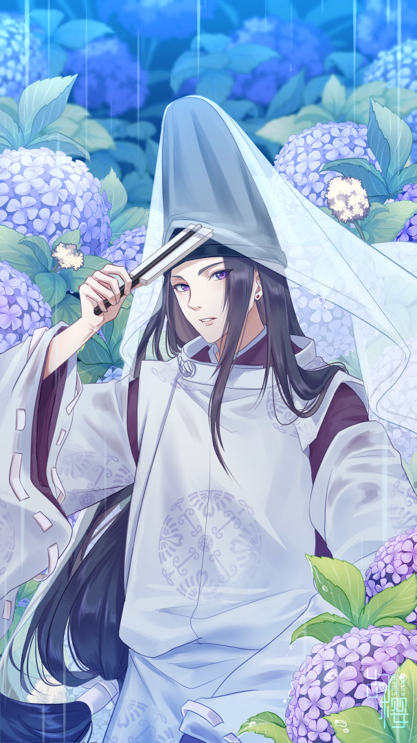 1boy bishounen black_hair black_headwear closed_fan earrings flower folding_fan fujiwara_no_sai hand_fan hand_up hat hikaru_no_go holding holding_fan huan_ying hydrangea japanese_clothes jewelry kariginu kimono long_hair long_sleeves looking_at_viewer low-tied_long_hair male_focus outdoors paper_fan parted_lips purple_kimono rain ribbon-trimmed_sleeves ribbon_trim sidelocks solo stud_earrings tate_eboshi veil veil_lift violet_eyes wide_sleeves