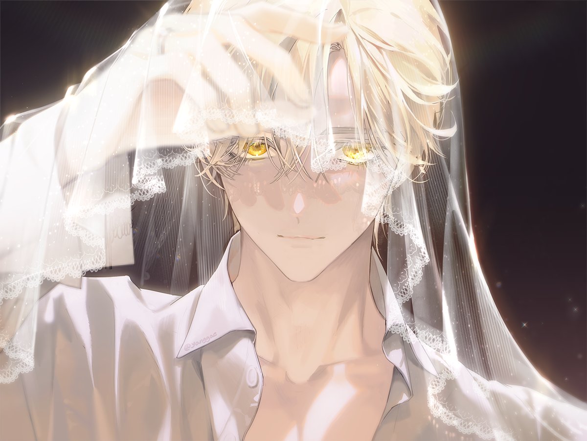 1boy black_background blonde_hair closed_mouth collarbone collared_shirt colored_eyelashes dress_shirt eggpongg hand_up lace_trim light_particles long_sleeves looking_at_viewer male_focus original see-through shirt short_hair simple_background smile solo veil veil_lift white_shirt yellow_eyes