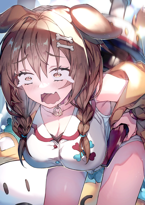 1girl animal_ears bangs bent_over bone_hair_ornament braid breasts brown_eyes brown_hair cowboy_shot dog_ears eyebrows_visible_through_hair hair_between_eyes hair_ornament hololive hoso-inu inugami_korone jacket large_breasts long_hair off_shoulder open_clothes open_jacket open_mouth redcomet shirt sleeveless sleeveless_shirt solo twin_braids virtual_youtuber wavy_hair white_shirt yellow_jacket