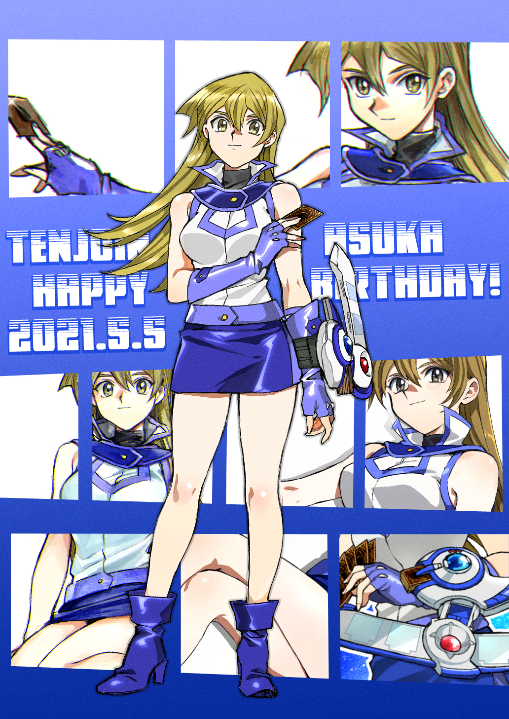 1girl 203wolves ankle_boots bangs bare_shoulders belt beltskirt blonde_hair blue_footwear blue_skirt boots breasts card character_name commentary_request duel_academy_uniform_(yu-gi-oh!_gx) duel_disk elbow_gloves eyebrows_visible_through_hair fingerless_gloves full_body gloves highres holding long_hair looking_at_viewer medium_breasts miniskirt multiple_views shiny shiny_clothes shiny_hair simple_background skirt sleeveless smile standing tenjouin_asuka thighs uniform yellow_eyes yu-gi-oh! yu-gi-oh!_gx