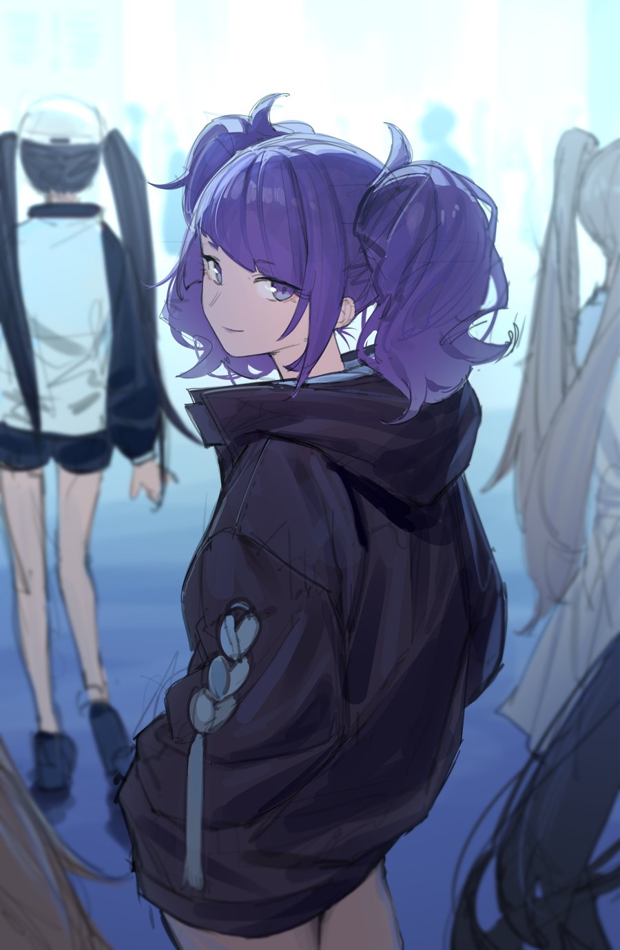 5girls asymmetrical_bangs bangs black_jacket blunt_bangs diagonal_bangs from_behind hands_in_pockets head_out_of_frame highres hood hooded_jacket idolmaster idolmaster_shiny_colors jacket l'antica_(idolmaster) light_smile looking_at_viewer looking_back mitsumine_yuika multiple_girls purple_hair purple_lips shirase_sakuya solo_focus tanaka_mamimi tsukioka_kogane twintails violet_eyes yukoku_kiriko zhili_xingzou