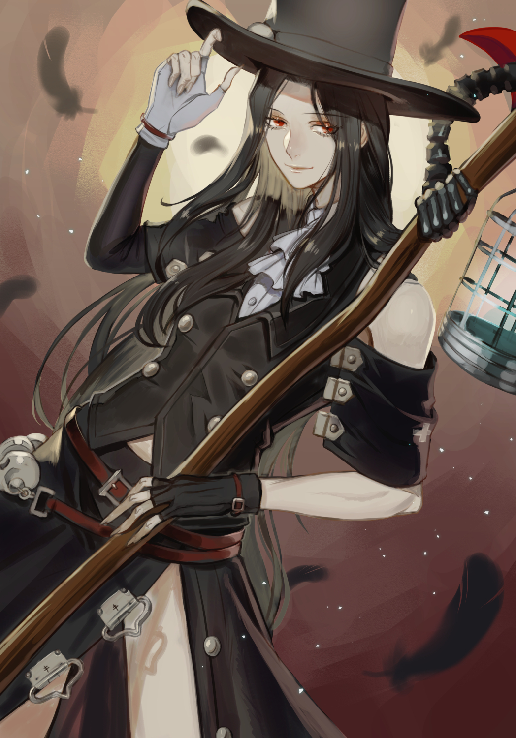 1other androgynous ascot asymmetrical_gloves asymmetrical_sleeves bare_shoulders birdcage black_feathers black_gloves black_hair buttons cage eyebrows_visible_through_hair feathers fingerless_gloves floating_hair gloves guilty_gear guilty_gear_strive hat highres holding holding_weapon long_hair looking_at_viewer red_eyes scythe side_slit simple_background skull smile straight_hair testament_(guilty_gear) udakyo weapon white_gloves