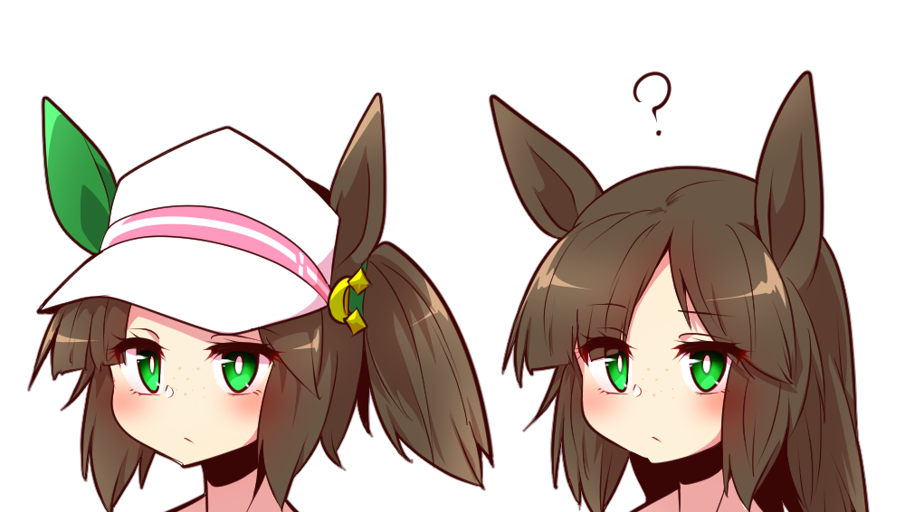 2girls ? animal_ears bangs brown_hair ear_covers freckles green_eyes hair_down horse_ears horse_girl ines_fujin_(umamusume) long_hair multiple_girls no_hat no_headwear side_ponytail simple_background single_ear_cover umamusume variations visor_cap white_background yonedatomo_mizu