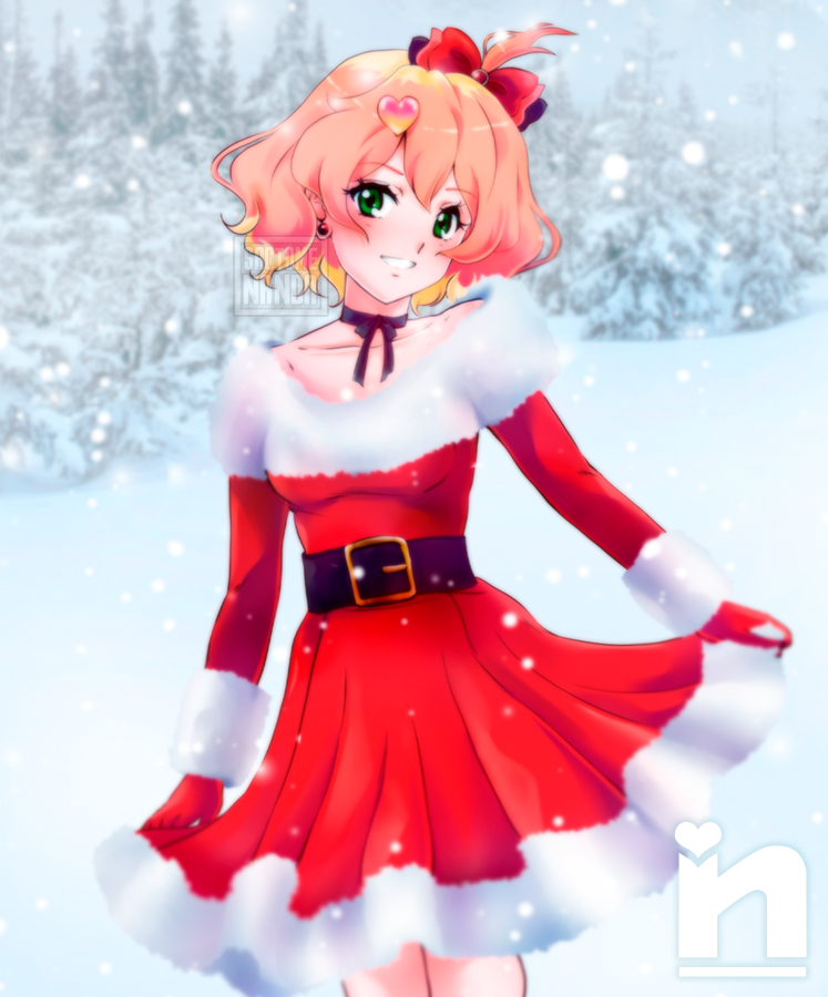 1girl blush bow clothes_lift commission dress dress_lift eyebrows_visible_through_hair forest freyja_wion fur_trim gloves green_eyes hair_bow hair_ornament heart heart_hair_ornament looking_at_viewer macross macross_delta nature off-shoulder_dress off_shoulder orange_hair red_bow red_dress red_gloves santa_dress saotome_nanda short_hair short_sidetail smile snow snowing solo