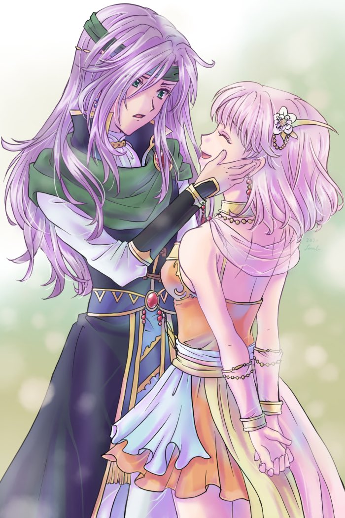 2girls breasts dress earrings faris_scherwiz final_fantasy final_fantasy_v hair_ornament headband jewelry lenna_charlotte_tycoon long_hair multiple_girls open_mouth pink_hair purple_hair short_hair siblings simple_background sirotuka_lambda sisters skirt smile