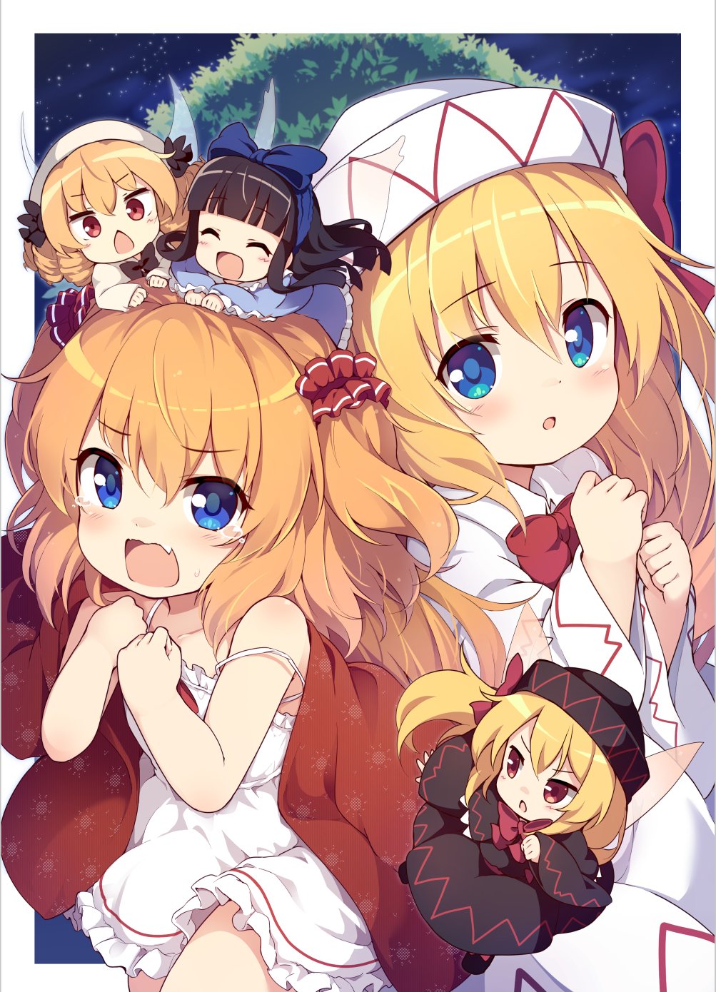5girls baku-p bangs black_dress black_headwear blonde_hair blue_bow blue_eyes bow bowtie brown_hair closed_eyes dress fairy_wings fang hair_bow highres lily_black lily_white looking_at_viewer luna_child multiple_girls off-shoulder_dress off_shoulder open_mouth orange_hair red_bow red_bowtie red_eyes skin_fang smile star_sapphire sunny_milk tears touhou transparent_wings two_side_up white_dress white_headwear wings