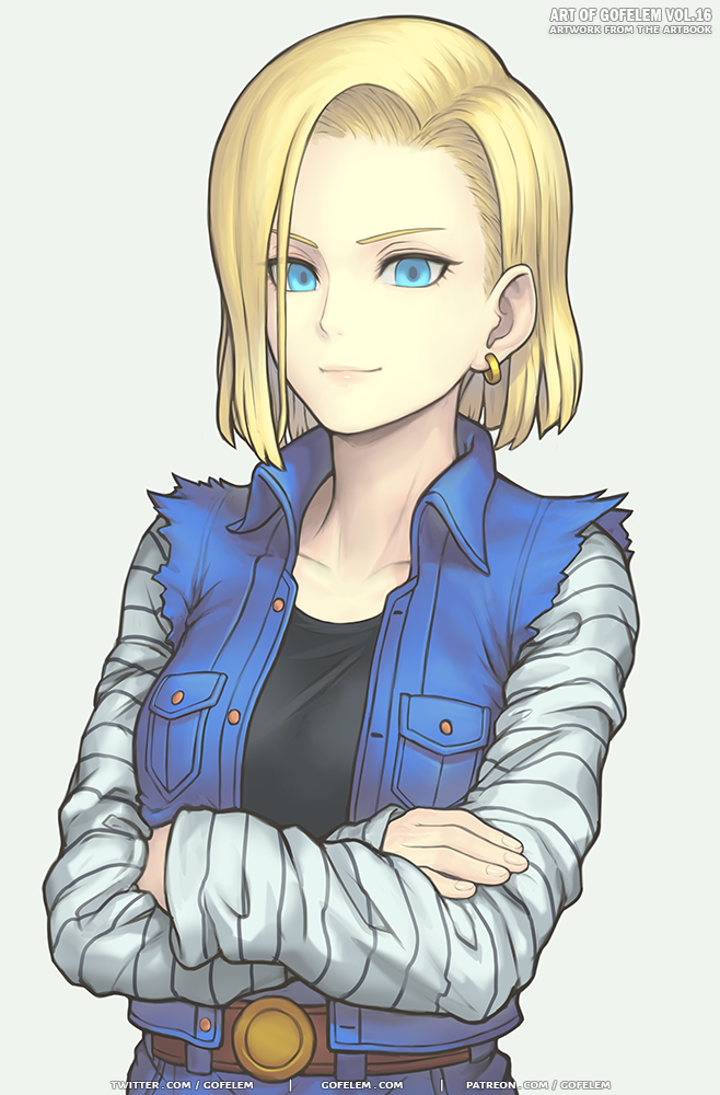 1girl android_18 artist_name belt black_shirt blonde_hair blue_eyes closed_mouth collarbone commentary crossed_arms denim denim_jacket dragon_ball dragon_ball_z earrings english_commentary english_text gofelem grey_background jacket jeans jewelry looking_at_viewer mixed-language_commentary pants patreon_username shirt simple_background smile solo striped_sleeves twitter_username upper_body watermark web_address