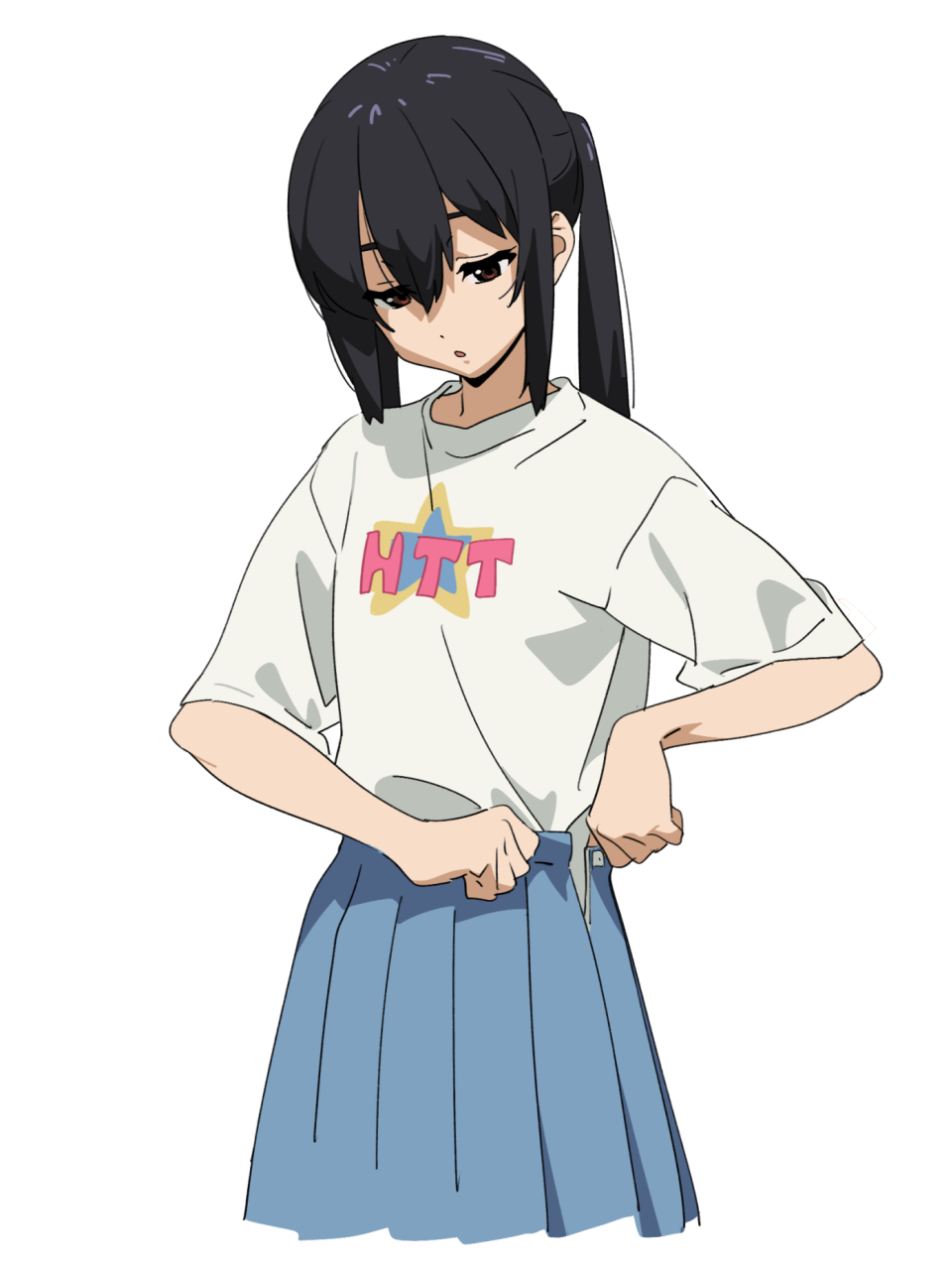 1girl :o adjusting_clothes bangs black_hair blue_skirt brown_eyes hands_up highres k-on! kamo_kamen long_hair looking_down nakano_azusa open_mouth pleated_skirt ponytail shirt short_sleeves simple_background skirt solo standing t-shirt white_background white_shirt