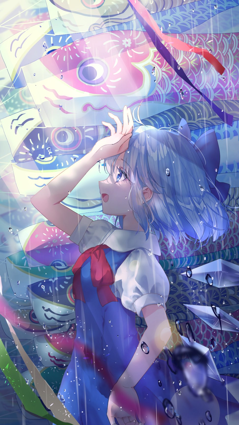 1girl :d bangs blue_bow blue_dress blue_eyes blue_hair blurry bow bowtie cirno collared_shirt commentary depth_of_field dress eyebrows_visible_through_hair fish from_side hair_bow hand_on_hip hand_on_own_head highres ice ice_wings piyo_(sqn2idm751) puffy_short_sleeves puffy_sleeves red_bow red_ribbon ribbon shirt short_hair short_sleeves smile solo touhou upper_body water_drop white_shirt wings