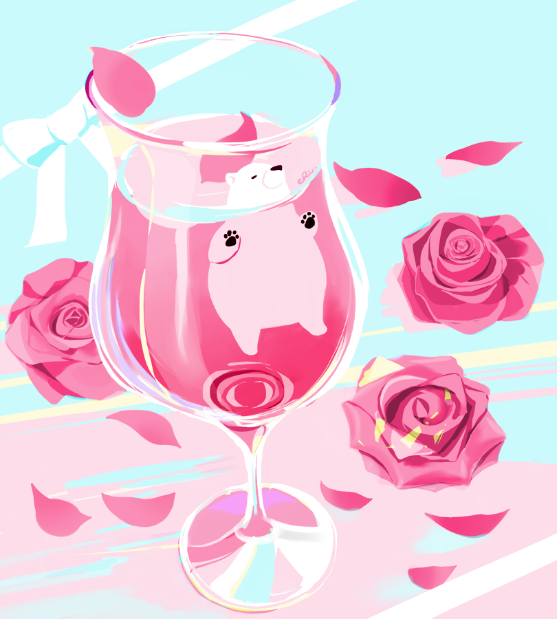 animal bear bow chai_(drawingchisanne) commentary_request cup drinking_glass flower glass liquid no_humans original partially_submerged petals polar_bear ribbon rose rose_petals signature undersized_animal wine_glass