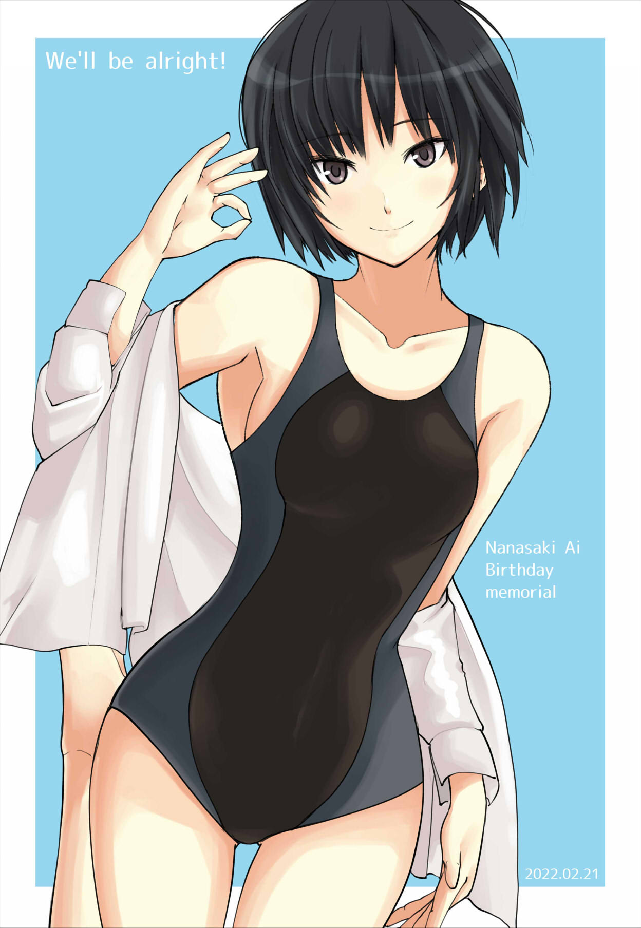 amagami armpits ass_visible_through_thighs bangs birthday black_hair black_swimsuit blue_background blue_swimsuit bob_cut breasts brown_eyes character_name closed_mouth collarbone competition_swimsuit cowboy_shot dated dress_shirt english_commentary english_text foot_up highres light_blush medium_breasts nanasaki_ai off_shoulder ok_sign one-piece_swimsuit open_clothes open_shirt outside_border romaji_text saitou_shouki shirt short_hair smile standing standing_on_one_leg swimsuit swimsuit_under_clothes thigha two-tone_swimsuit white_shirt