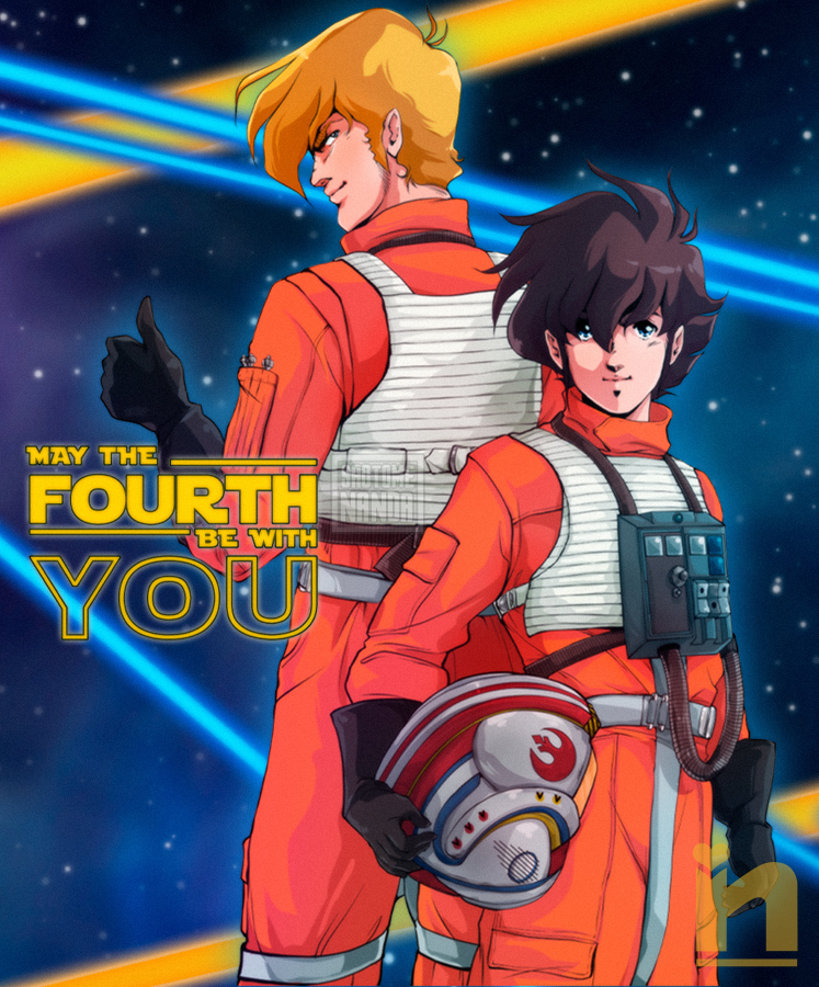 2boys black_gloves blue_eyes brown_hair cable choujikuu_yousai_macross cosplay english_commentary english_text gloves hair_behind_ear headwear_removed helmet helmet_removed holding holding_helmet ichijou_hikaru looking_at_viewer looking_back luke_skywalker luke_skywalker_(cosplay) macross male_focus multiple_boys pilot_suit rebel_pilot rebel_pilot_(cosplay) roy_focker saotome_nanda smile space star_wars thumbs_up