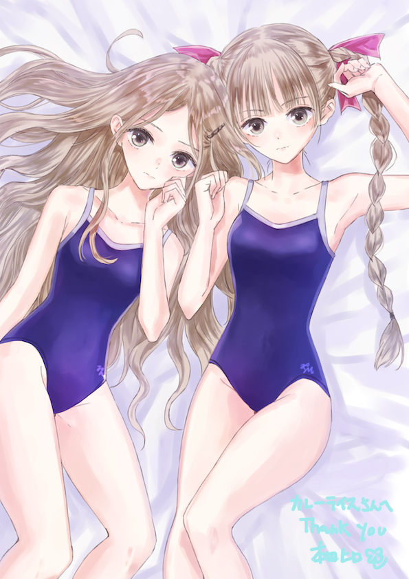 2girls bed blonde_hair blue_reflection blue_reflection_tie braid breasts collarbone commentary_request expressionless eyebrows_visible_through_hair hair_ornament hairclip hand_on_own_face hondahiro long_hair looking_at_viewer multiple_girls one-piece_swimsuit ribbon shijou_raimu shijou_yuzuki small_breasts swimsuit twin_braids yellow_eyes
